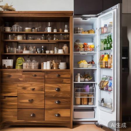 胡桃木柜储物强，冰箱整齐生活佳